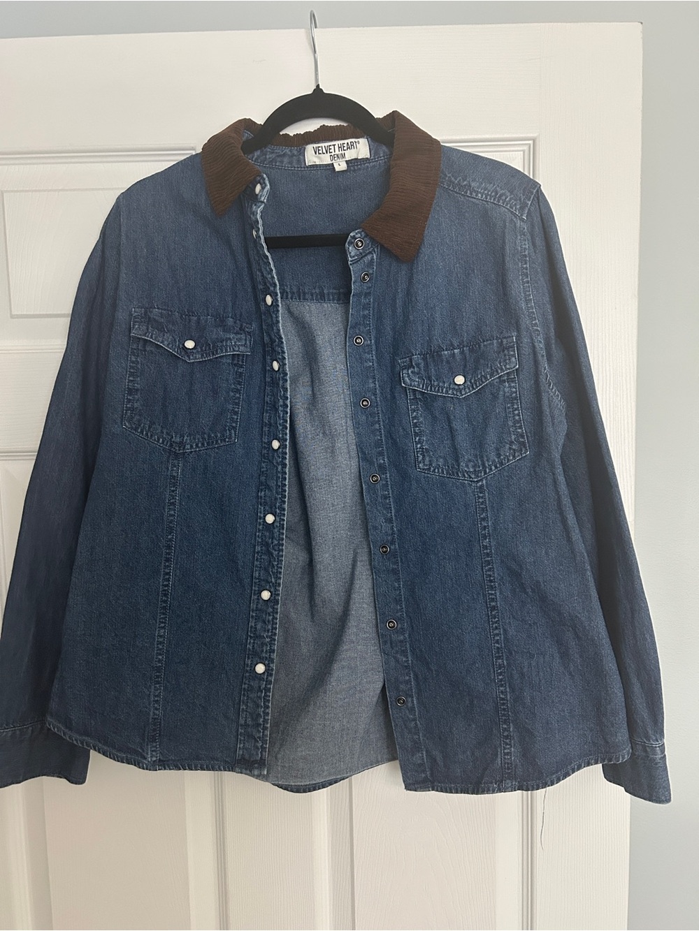 Velvet Heart Blue Denim Shirt with Brown Corduroy Collar